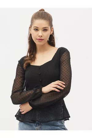 Harpa Women Black Ruffles Sheer Georgette Top