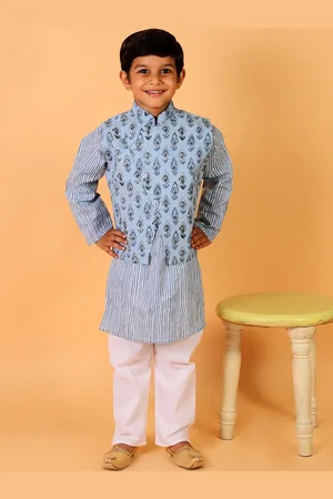 The Mom Store Boys Blue Striped Pure Cotton Kurta with Pyjama With Jacket