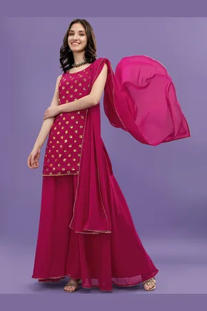 ASPORA Women Pink Printed Sequinned Silk Georgette Kurti with Sharara & With Dupatta