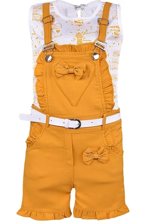 Wish Karo Girls Yellow & White Printed Top with Dungaree