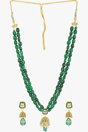 Cardinal Women Gold-Toned Green Kundan Onyx Long Necklace Set