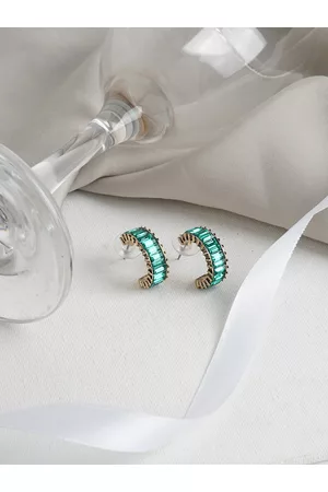 Joker & Witch Women Gold-Toned & Green Stone Contemporary Hoop Earrings