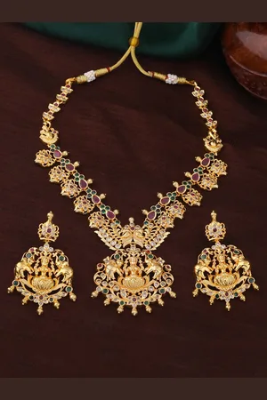 ESTELE Gold Plated CZ Lakshmi Devi with Elephant Designer Necklace Set for Women