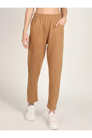 CHKOKKO Women Camel Brown Solid Cotton Track Pants