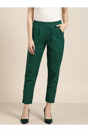 Jaipur Women Green Regular Fit Solid Regular Trousers