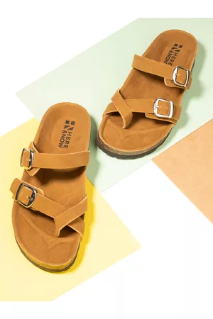 HERE&NOW Women Camel Brown One Toe Flats with Buckles