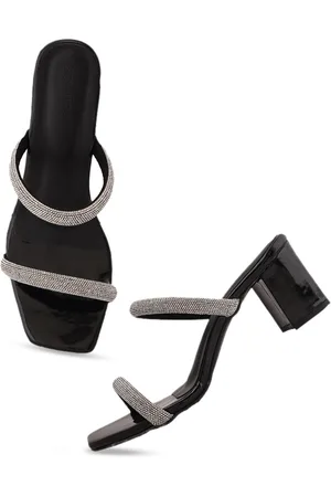 Scentra Black & Silver-Toned Embellished Block Heels