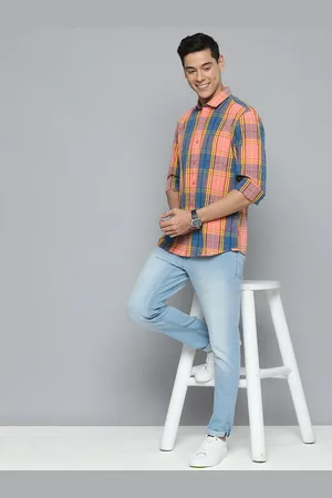 Mast & Harbour Men Orange & Blue Checked Pure Cotton Casual Shirt