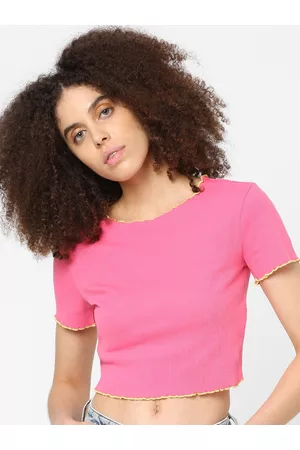 ONLY Women Pink Solid Cotton Blend Crop Top