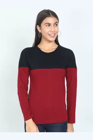 Fleximaa Women Black & Maroon Colourblocked Cotton T-shirt