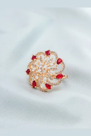 Aadita Rose Gold-Plated White & Red Stones-Studded & Beaded Finger Ring