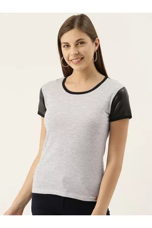 Campus Women Grey Black Striped Round Neck Pure Cotton T-shirt