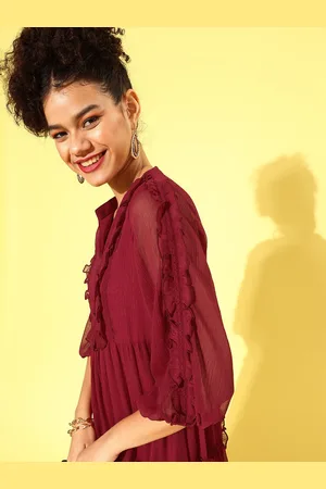 Antheaa Women Burgundy Solid Tiered Dress