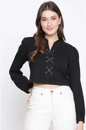 Latin Quarters Women Black Mandarin Collar Crop Top