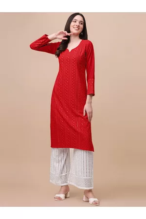 GUFRINA Women Red & White Floral Embroidered Chikankari Kurta with Palazzos