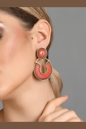 Fida Women Gold Plated & Orange Contemporary Drop Earrings