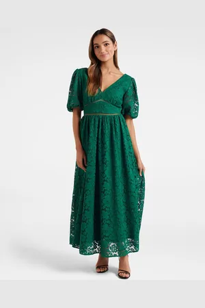 Forever New Women Green Self Design V-Neck Fit and Flare Dress