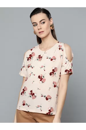 marie claire Women Peach-Coloured & Maroon Cold-Shoulder Printed Top