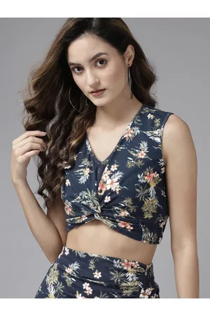 KASSUALLY Women Navy Blue & White Floral Print Twisted Crop Top