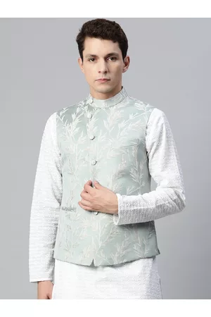 MANQ Men Green & Silver Ethnic Motifs Jaquard Woven Design Nehru Jacket