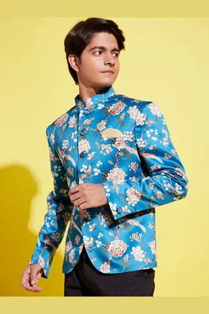 Vastramay Boys Turquoise Blue Floral Print Bandhgala Blazers