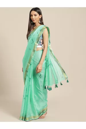 Jaipur Hand Dyed Green Kota Silk Saree with Hand Block Print Blouse