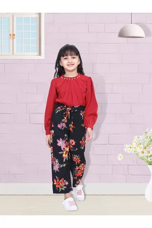 Cutiekins Girls Maroon & Black Floral Printed Bishop Sleeves Top with Palazzos Co-Ords set