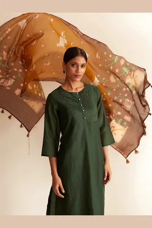 Ancestry Mustard & Green Printed Pure Silk Dupatta