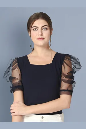 BuyNewTrend Navy Blue Puff Sleeves Lace Top