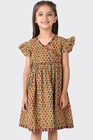 Fabindia Girls Brown & Blue Cotton Fit And Flare Dress