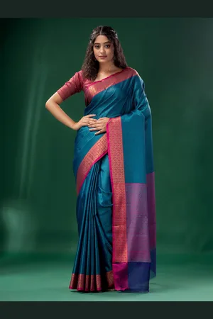 Charukriti Women Blue & Pink Woven Design Zari Organza Saree With Unstitched Blouse Piece