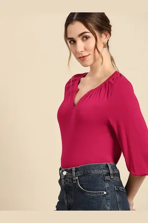 all about you Women Pink Solid Mandarin Collar Top