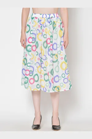 Cation Women White & Green Printed Flared Midi Skirt