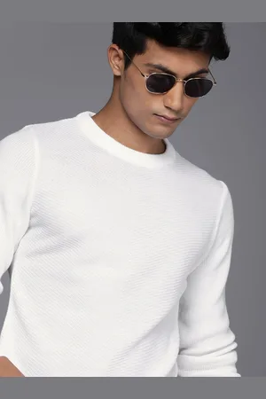 WROGN Men White Open Knitted Round Neck Pullover Sweater