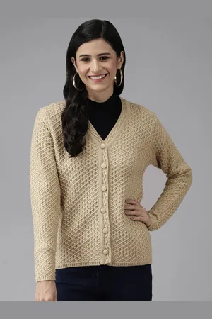 Cayman Women Beige Solid Woolen Cardigan