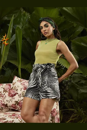 MANGO Women Black & White Tropical Printed Belt Shorts
