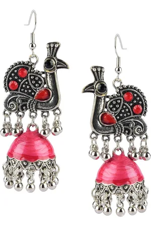 DESI COLOUR Silver-Toned & Red Dome Shaped Jhumkas