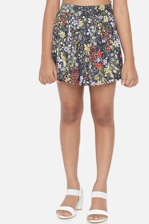 luyk Girls Black Floral Printed Mini Flared Skirt