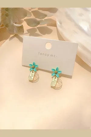 Yellow Chimes Women Blue Floral Drop Earrings