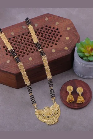 Brandsoon Gold-Plated Black Beaded Long Mangalsutra With Earrings