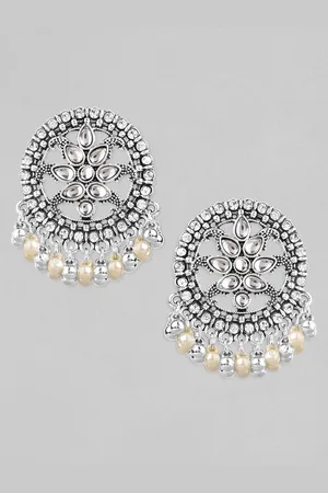 Anouk Silver-Plated & Beige Oxidised Contemporary Stud Earrings