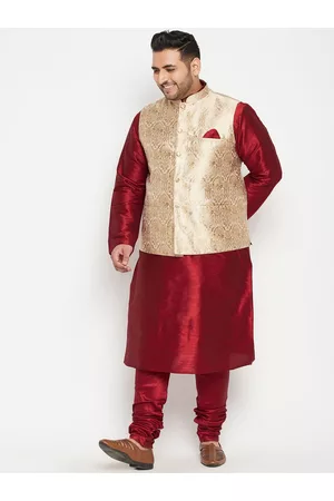 Vastramay Men Maroon & Gold-Toned Woven Designed Kurta with Churidar & Jacket
