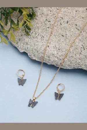 Celena Cole Grey-Toned & Gold-Plated Butterfly Shaped Necklace With Earrings