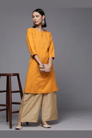 Fabindia FabBasic Women Mustard Yellow Yoke Design Thread Work Sequin Detail Cotton Linen Kurta