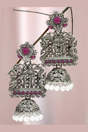 karatcart Women Oxidised Silver Red Dome Shaped Jhumkas Earrings
