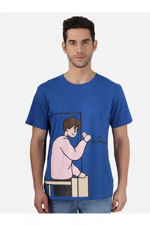 The Dry State Men Blue Printed Pure Cotton Round Neck T-shirt