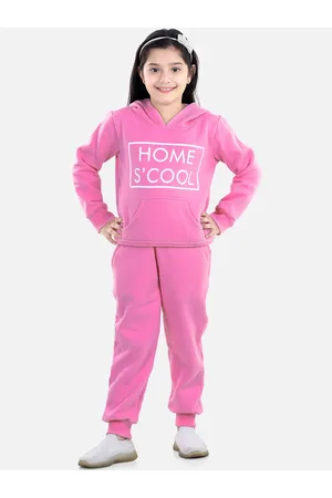StyleStone Girls Pink & White Printed Hooded Fleece Tracksuit