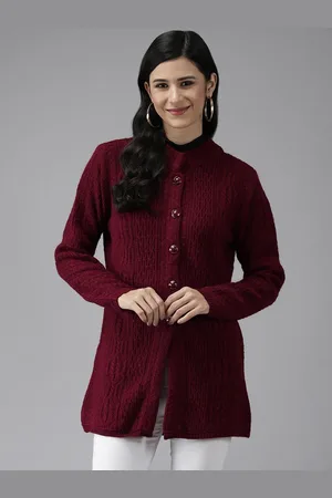 Cayman Women Maroon Solid Woolen Longline Cardigan