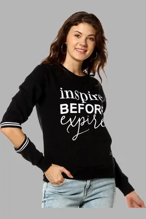 Campus Women Black Printed Cotton Pullover Sweatshirt