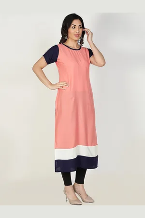 Fabclub Women Peach & Navy Blue Colourblocked Straight Kurta